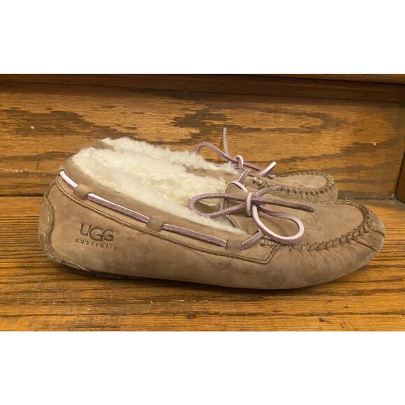 UGG Shearling Suede Slippers Women’s 8M Beige Pink Ties - Picture 1 of 10